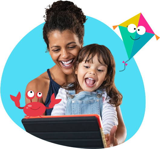 A black mother enjoying Fluentkids on a tablet with her daughter